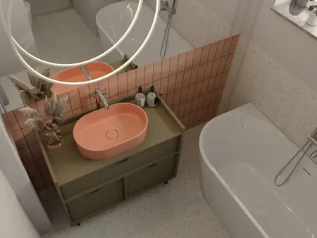 Nowoczesna łazienka z różową umywalką i drewnianymi detalami, styl vintage i współczesny.