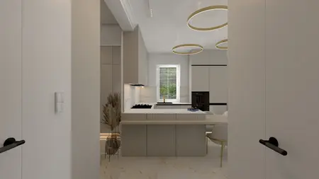 Wnętrze kuchni w stylu art deco i glamour z jasnymi meblami