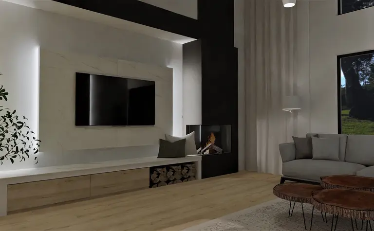 Wnętrze nowoczesnego salonu z telewizorem i kominkiem, drewniane akcenty.
