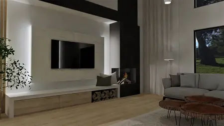 Wnętrze nowoczesnego salonu z telewizorem i kominkiem, drewniane akcenty.
