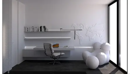 Wnętrze gabinetu w stylu minimalistycznym z nowoczesnym biurkiem i designerskim fotelem.