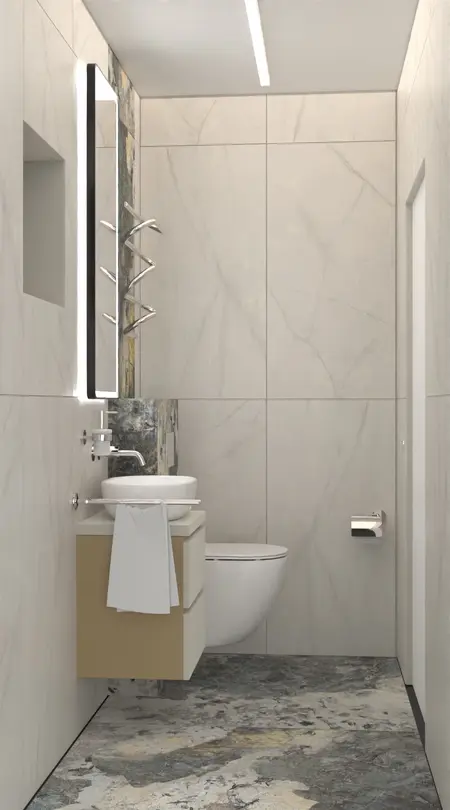 Wnętrze łazienki z białymi płytkami i minimalistycznym wystrojem, dopamine decor, industrialny, soft minimalizm