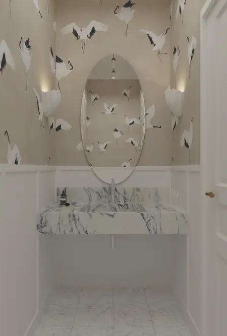 Wnętrze łazienki z marmurową umywalką i ścianą w ptaki, styl art deco, minimaluxe, quiet luxury.