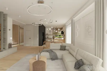 Wnętrze salonu w stylu japandi i minimalistycznym z jasnymi meblami.