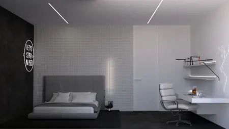 Wnętrze sypialni minimalistycznej z nowoczesnym łóżkiem i biurkiem.