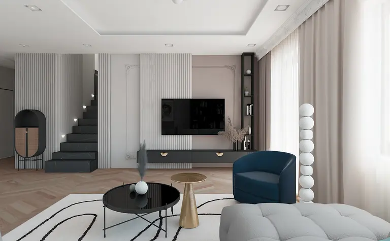 Wnętrze salonu w stylu art deco, dopamine decor, glamour, nowoczesny, quiet luxury, soft minimalizm.