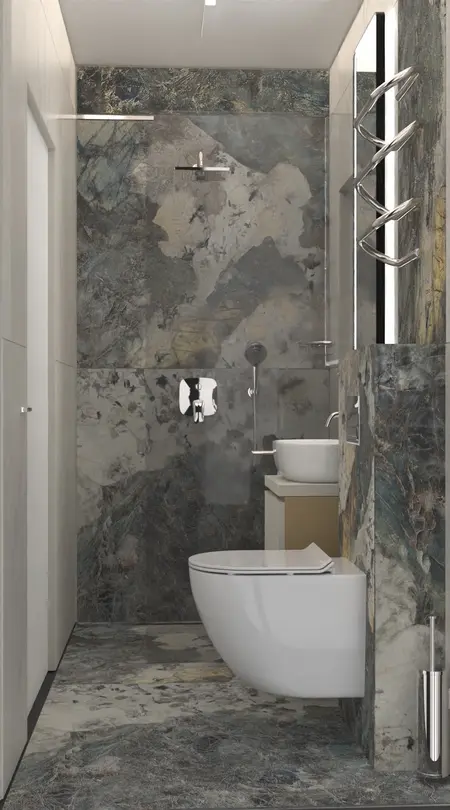 Wnętrze łazienki w stylu dopamine decor oraz minimalistycznym z kamiennymi elementami.