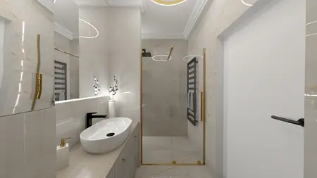 Wnętrze łazienki w stylu art deco z eleganckimi detalami glamour.