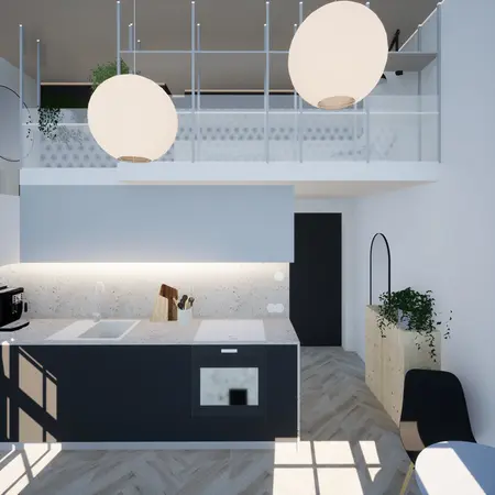 Kuchnia w stylu eklektycznym, industrialnym i vintage z białymi meblami i drewnianymi detalami.