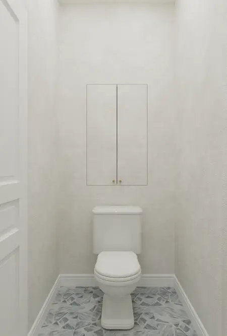 Toaleta z białymi ścianami, białą ceramiką i szarym wzorem podłogi w stylu art deco, minimaluxe, quiet luxury.