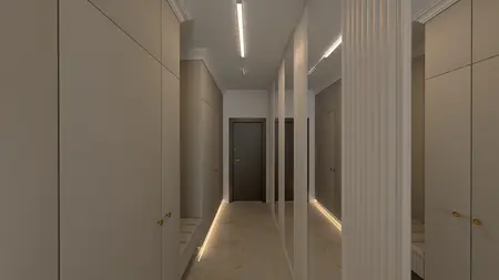 Przedpokój w stylu art deco i glamour z beżowymi meblami i lustrami.