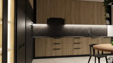 Nowoczesna kuchnia z drewnianymi meblami i czarnym blatem, współczesny design.
