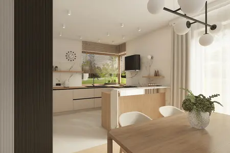 Nowoczesna kuchnia w stylu japandi i minimalistycznym z drewnianymi akcentami
