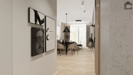 Wnętrze jadalni w stylu industrialnym i minimalistycznym z okrągłym stołem