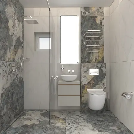 Nowoczesna łazienka z szarym marmurem, minimalistycznymi meblami i akcesoriami. Dopamine decor, industrialny, soft minimalizm.
