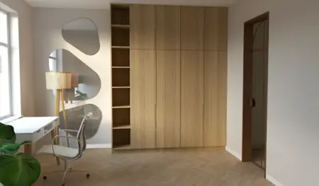 Garderoba z drewnianymi meblami, lampą i lustrem w stylu industrialnym i nowoczesnym.