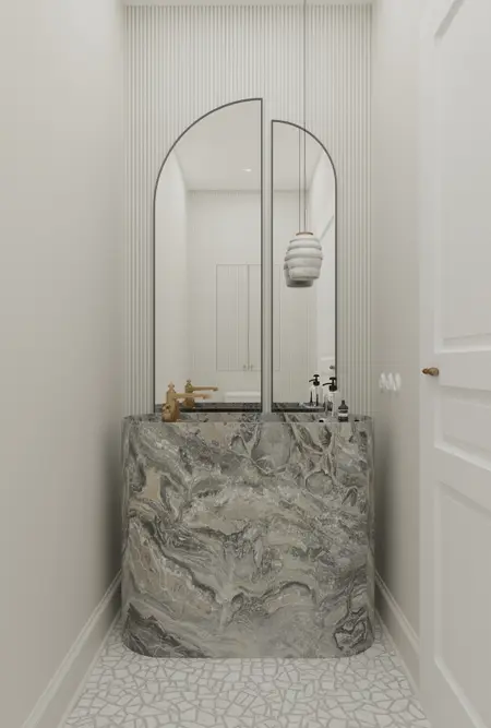 Wnętrze łazienki w stylu art deco, minimaluxe i quiet luxury z marmurową umywalką.