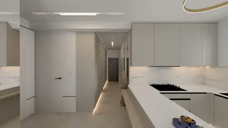 Kuchnia w stylu art deco i glamour z beżowymi meblami i nowoczesnym blatem.