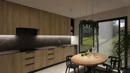 Nowoczesna kuchnia z drewnianymi meblami i czarnym blatem, współczesny design.
