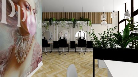 Salon fryzjerski z roślinami oraz nowoczesnymi lustrami.