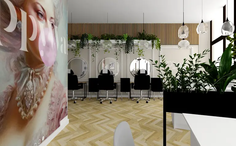 Salon fryzjerski z roślinami oraz nowoczesnymi lustrami.