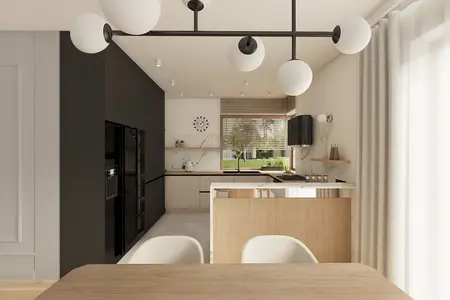 Kuchnia w stylu japandi i minimalistycznym z drewnianymi akcentami