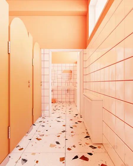 Wnętrze łazienki w stylu dopamine decor, eklektycznym i nowoczesnym.
