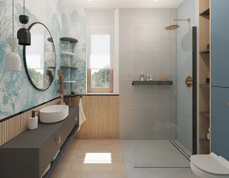 Wnętrze łazienki w stylu art deco z niebieskimi ścianami, minimalistycznym umeblowaniem i glamour detalami.