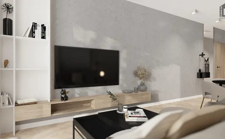 Salon z industrialnym i minimalistycznym designem, szare ściany, drewniane meble