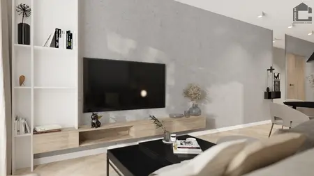 Salon z industrialnym i minimalistycznym designem, szare ściany, drewniane meble