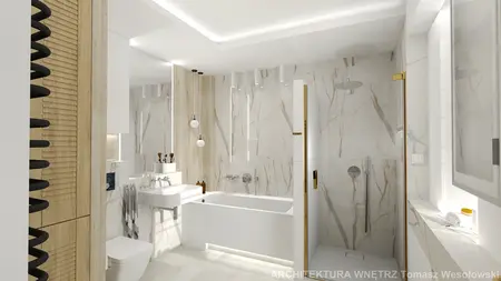 Współczesna łazienka z białą armaturą i drewnem, minimalistyczny design