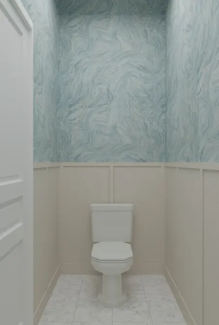 Toaleta z niebieską ścianą, białym WC, styl art deco, minimaluxe, quiet luxury.