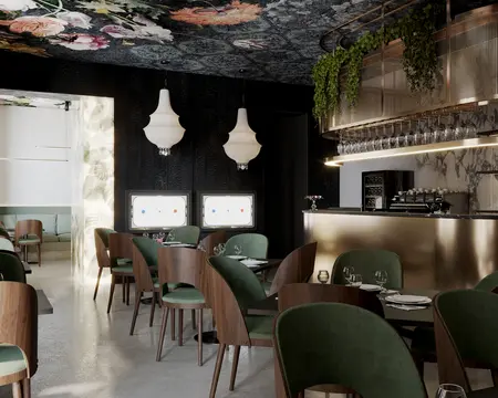 Nowoczesna restauracja z zielonymi krzesłami, marmurowym barem i kwiecistym sufitem w stylu glamour.