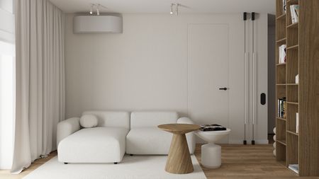 Eklektyczny salon w stylu japandi z minimalistycznymi elementami i soft minimalizmem.