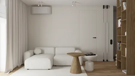 Eklektyczny salon w stylu japandi z minimalistycznymi elementami i soft minimalizmem.
