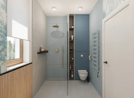 Nowoczesna łazienka z niebieskimi i szarymi elementami, art deco, minimalizm, quiet luxury.