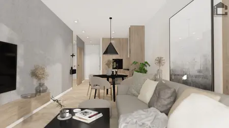 Wnętrze salonu w stylu industrialnym i minimalistycznym z drewnem i nowoczesnymi detalami.