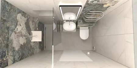 Wnętrze łazienki z białymi akcesoriami i marmurowymi płytkami, styl dopamine decor, industrialny, minimalistyczny.