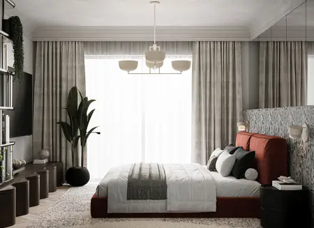 Wnętrze sypialni z vintage i współczesnymi akcentami, czerwone łóżko, szare zasłony