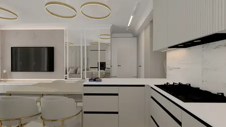 Nowoczesna kuchnia w stylu art deco i glamour z szarymi meblami i białym blatem.