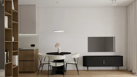 Wnętrze jadalni w stylu eklektycznym, japandi, minimalistycznym, soft minimalizm.