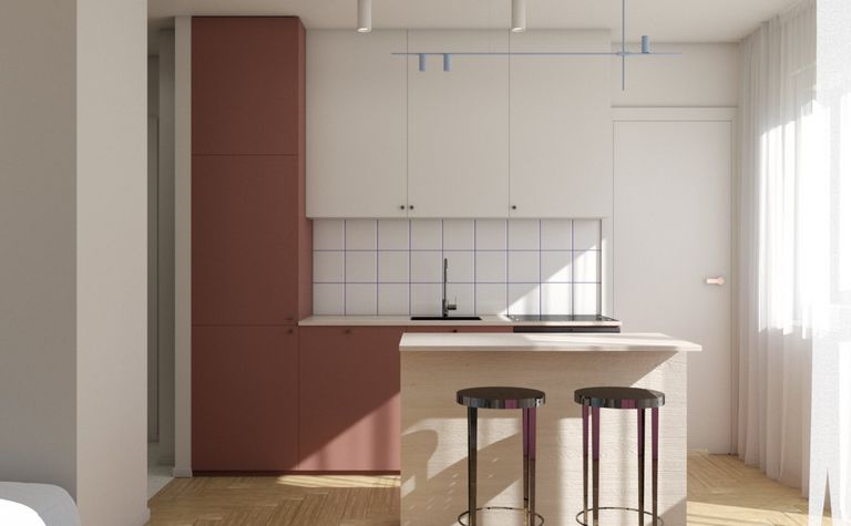 Kuchnia w stylu dopamine decor z drewnianym blatem i białymi meblami.