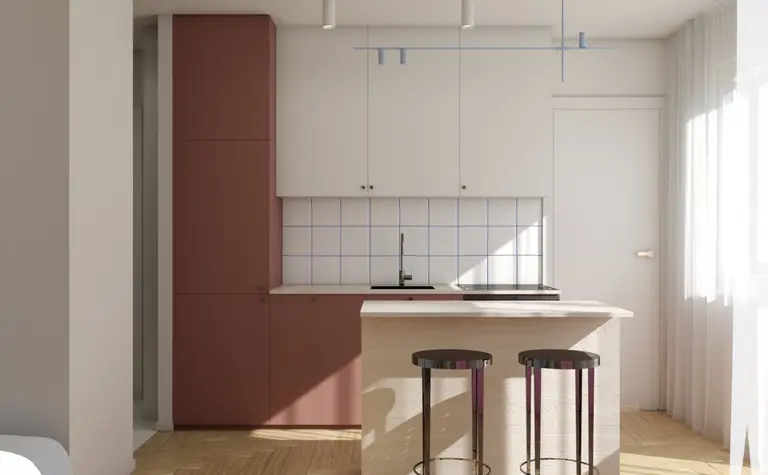 Kuchnia w stylu dopamine decor z drewnianym blatem i białymi meblami.