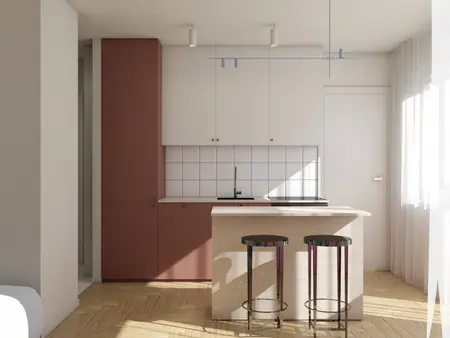 Kuchnia w stylu dopamine decor z drewnianym blatem i białymi meblami.