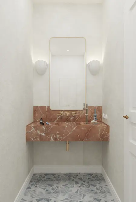Wnętrze toalety z marmurową umywalką i jasnymi ścianami, styl art deco, minimaluxe, quiet luxury.