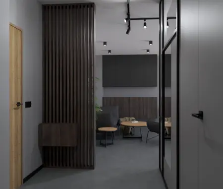 Wnętrze biura w stylu industrialnym i minimalistycznym z drewnianymi elementami.