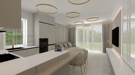 Wnętrze kuchni w stylu art deco i glamour z szarymi meblami, białymi detalami i dużymi oknami.
