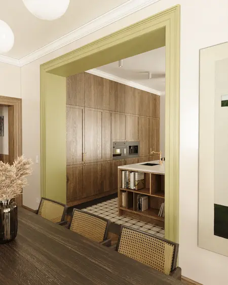 Wnętrze kuchni z drewnianymi meblami, akcentami w kolorze zielonym, styl dopamine decor, vintage i współczesny.