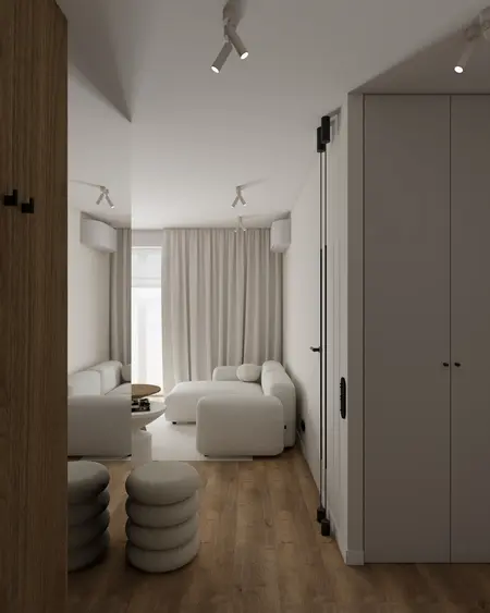 Salon w stylu eklektycznym z minimalistycznymi meblami i drewnianymi akcentami.
