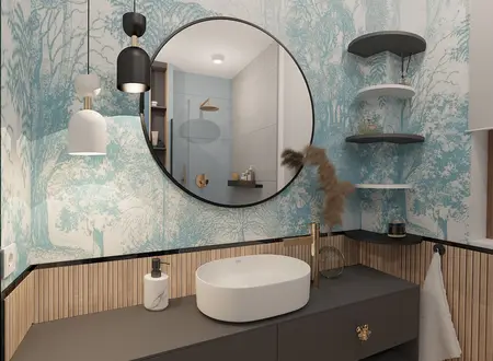 Wnętrze łazienki z okrągłym lustrem, niebieską tapetą, minimalistycznym designem i detalami glamour.